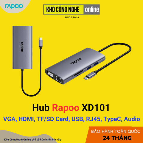 Hub chuyển đổi RAPOO XD101 10in1 - To VGA, HDMI 4K, USB 3.0, TF/SD Card, RJ45, PD, Audio