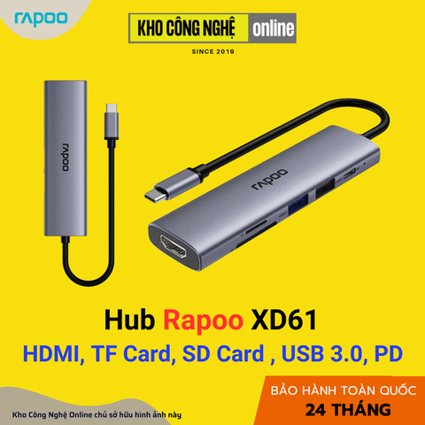 Hub chuyển đổi RAPOO XD61 6in1 - Type C to HDMI 4K, USB 3.0, TF/SD Card, PD