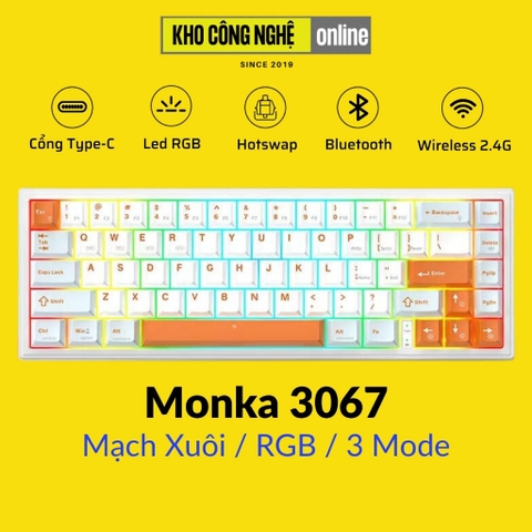 MONKA 3067 V2 Pro - Bàn phím cơ MONKA 3067 V2 Pro Không Dây, Mạch Xuôi, Led RGB, Kết Nối 3 Modes
