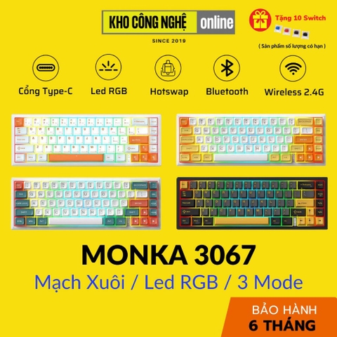 MONKA 3067 V2 Pro - Bàn phím cơ MONKA 3067 V2 Pro Không Dây, Mạch Xuôi, Led RGB, Kết Nối 3 Modes