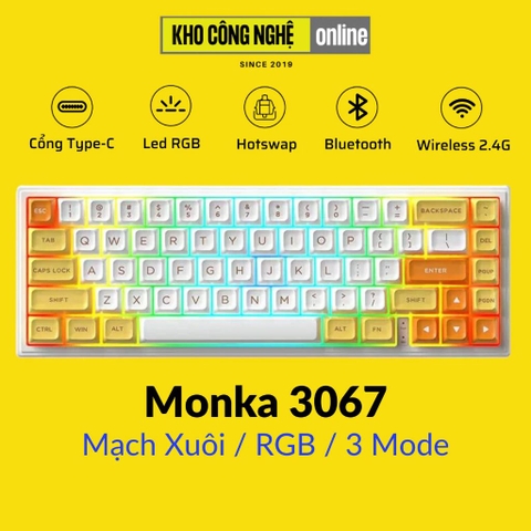 MONKA 3067 V2 Pro - Bàn phím cơ MONKA 3067 V2 Pro Không Dây, Mạch Xuôi, Led RGB, Kết Nối 3 Modes