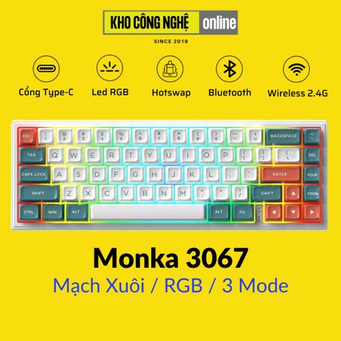 MONKA 3067 V2 Pro - Bàn phím cơ MONKA 3067 V2 Pro Không Dây, Mạch Xuôi, Led RGB, Kết Nối 3 Modes
