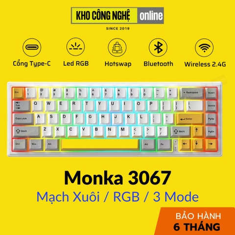 MONKA 3067 V2 Pro - Bàn phím cơ MONKA 3067 V2 Pro Không Dây, Mạch Xuôi, Led RGB, Kết Nối 3 Modes