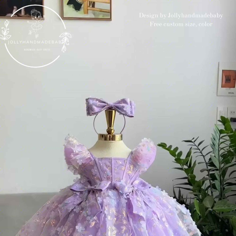Lavender Flower Girl Dress, Toddler Birthday Princess Dress, Baby Girl Tulle Party Dress, Handmade Floral Lace Dress, Custom Size Color