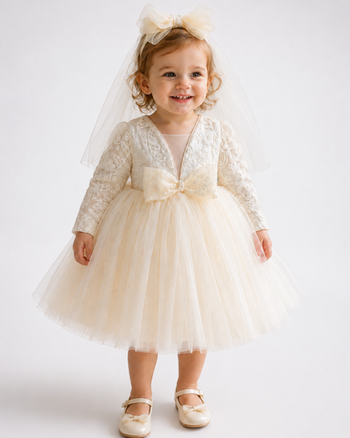 Ivory Long Sleeve Flower Girl Dress, V Neck Lace Bodice with Tulle Skirt