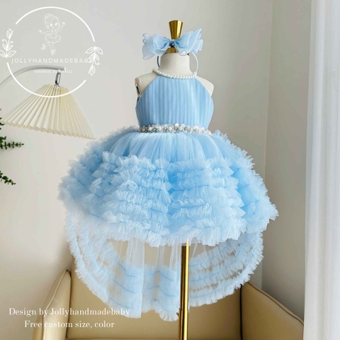 Blue Sky Flower Girl Dress, High Low Tulle Dress for Girls, Birthday Party Dress, Pearl Neckline Dress, Toddler Special Occasion Dress