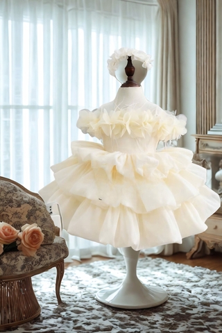 Ivory Baby Girl Dress, Cream Tutu Flower Girl Dress, Handmade Toddler Birthday Dress, Princess Party Dress, Big Bow Back, Custom Size