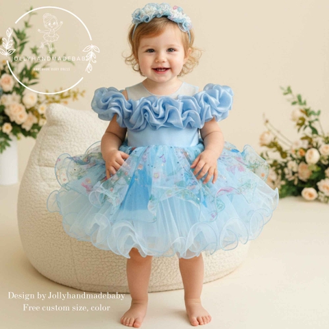 Blue Snowflake Tulle Dress for Baby Girls, Ice Blue Winter Baby Dress, Handmade Baptism & Photoshoot Outfit