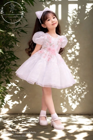 White Organza Flower Girl Dress, Baby Tutu Dress, Toddler Birthday Dress, 3D Rose Dress, Handmade Baby Girl Dress, Princess Tulle Dress