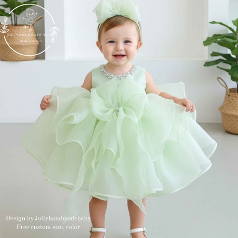 Sage Green Baby Girl Dress, Flower Girl Dress, Toddler Birthday Dress, Organza Ruffle Dress with Big Bow, Elegant Baby Party Dress