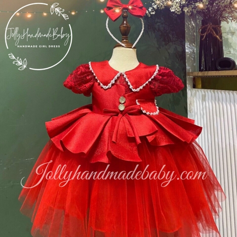 Lace Sleeve Taffeta Dress with Button Front & Bead Detail in Red | Pleated Maxi Dress for Baby Girl