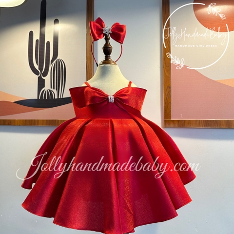 Puffy Spaghetti Strap Taffeta Midi Dress with Bow Detail in Red | Pleated Princess Dress for Baby Girl