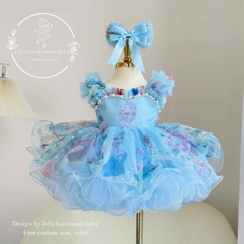 Blue Snowflake Tulle Dress for Baby Girls, Ice Blue Winter Baby Dress, Handmade Baptism & Photoshoot Outfit