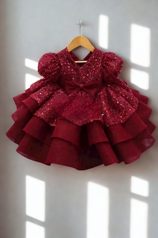 Red Sequin Flower Girl Dress: Handmade Tulle Gown, Puffy Sleeves & Vail