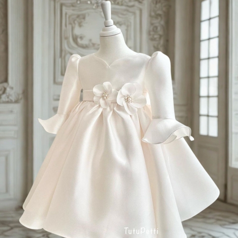 White Satin Flower Girl Dress, Baby Tutu Dress, Toddler Birthday Dress, 3D Rose Dress, Handmade Baby Girl Dress, Princess Tulle Dress