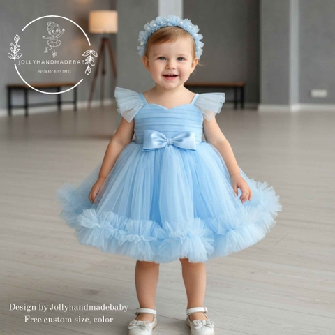 Blue Baby Girl Princess Tutu Dress – Soft Tulle Flower Girl Dress with Bow, Birthday Outfit, Handmade Fairy Dress