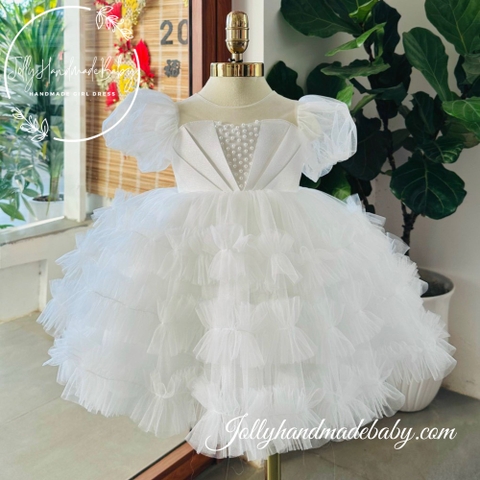 Beaded Tiered Short Sleeve Dress with Exclusive Pleated Front in White | Tulle Maxi Dress for Baby Girl