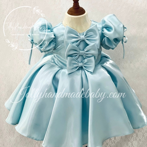 Cap Sleeve Three Bow Front Detail Dress with Cut Out V Back in Light Sky Blue | Tafta Midi Dress for Baby Girls