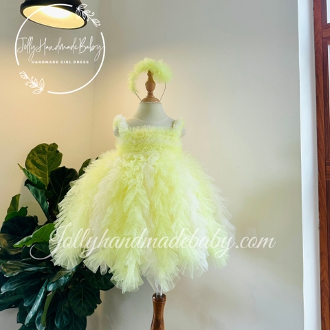 Cap Sleeve Midi Dress with Feather Style in Yellow | Tulle Dress for Baby Girl