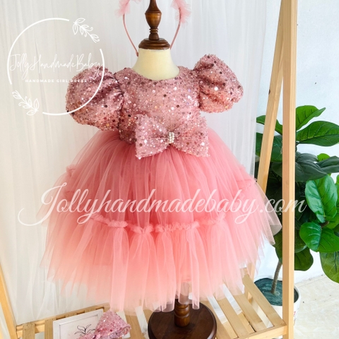 Exclusive Short Sleeve Sequin Bodice Dress in Pink with Bow Detail | Ruffle Tulle Midi Dress for Baby Girl