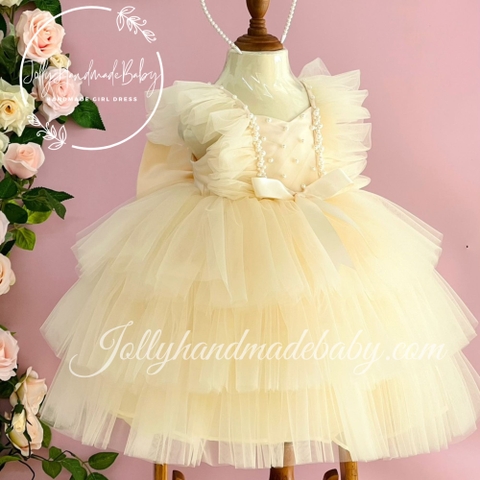 Tiered Cap Sleeve Pleated Maxi Dress with Beaded Bodice in Ivory | Tulle Dress for Baby Girls