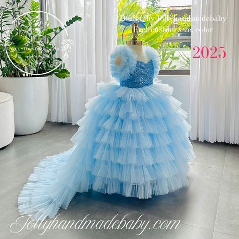Luxury Blue Long Train Girl Dress - Custom Color You Like And Custom Size