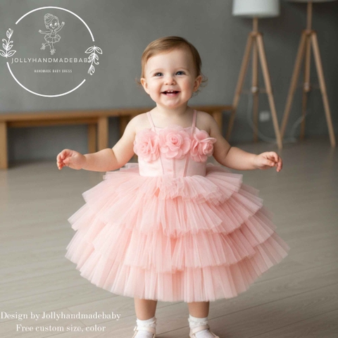 Pink Flower Girl Dress, Baby Tutu Dress, Toddler Birthday Dress, 3D Rose Dress, Handmade Baby Girl Dress, Princess Tulle Dress
