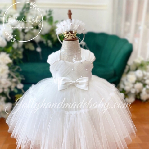 Cap Sleeve Pleated Maxi Dress with Bead Embroidered in White | Tulle Dress for Baby Girls