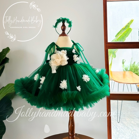 Green Flower Girl Dress with baby girl heaband | Boho Wedding Little Bridesmaid Dress | Baby Birthday Outfit | Toddler Tie Strap Dress