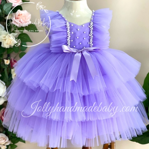 Tiered Cap Sleeve Pleated Maxi Dress with Beaded Bodice in Lavender Purple | Tulle Dress for Baby Girls