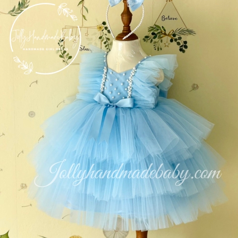 Tiered Cap Sleeve Pleated Maxi Dress with Beaded Bodice in Light Sky Blue | Tulle Dress for Baby Girls