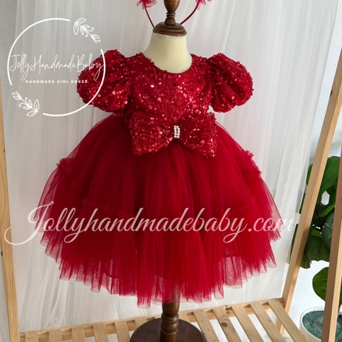 Exclusive Short Sleeve Sequin Bodice Dress in Red with Bow Detail | Ruffle Tulle Midi Dress for Baby Girl