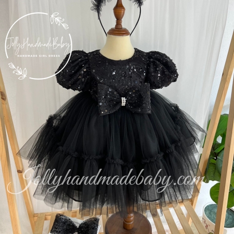 Exclusive Short Sleeve Sequin Bodice Dress in Black with Bow Detail | Ruffle Tulle Midi Dress for Baby Girl