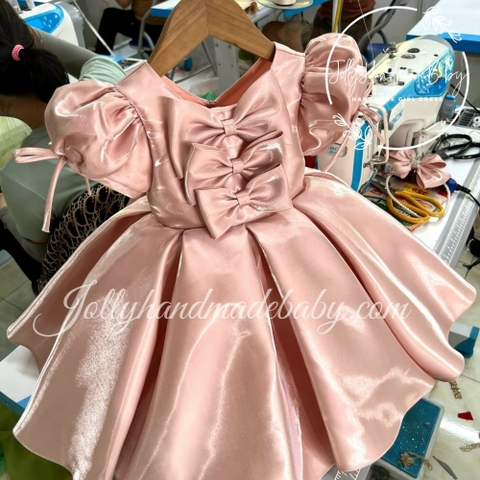 Cap Sleeve Three Bow Front Detail Dress with Cut Out V Back in Mauve | Tafta Midi Dress for Baby Girls