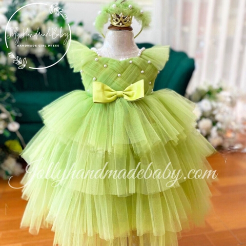 Tiered Cap Sleeve Pleated Maxi Dress with Bead Embroidered in Avocado | 3 Layered Tulle Dress for Baby Girls