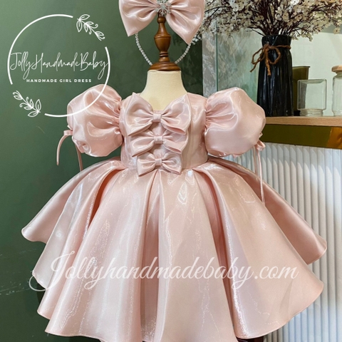 Round Neck Cap Sleeve Dress with Three Bow Front Detail in Mauve | Tafta Midi Dress for Baby Girls