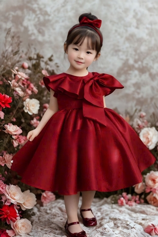 Dark Red Baby Girl Dress, Christmas Toddler Dress, Satin Bow Party Dress, Flower Girl Dress, Holiday Outfit, Handmade Kids Dress