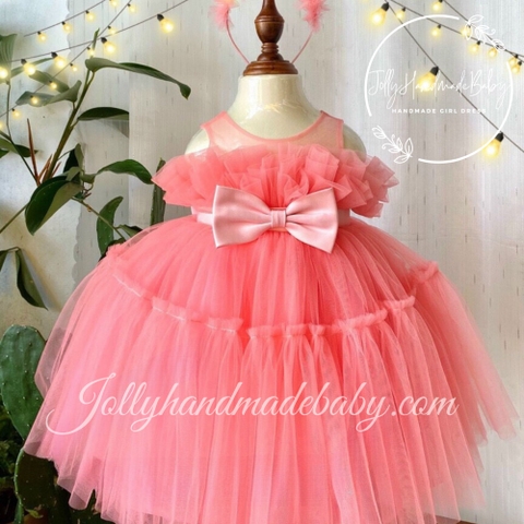 Cap Sleeve Tulle Midi Dress with Bow Detail & Mesh Neck in Pink | Princess Dress for Baby Girl