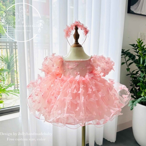 Pink Butterfly Baby Dress, First Birthday Girl Dress, Blush Tulle Tutu, Puffy Sleeve Toddler Dress, Handmade Custom Size Outfit
