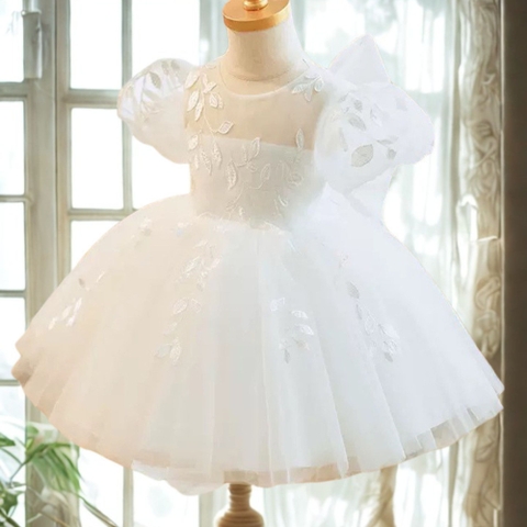 White Tulel Lace Flower Girl Dress, Baby Tutu Dress, Toddler Birthday Dress, 3D Rose Dress, Handmade Baby Girl Dress, Princess Tulle Dress