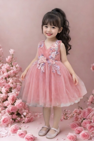 Dusty Rose Lace Flower Girl Dress: Handmade Tulle Gown, Puffy Sleeves & Vail