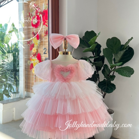 Ruffle Tiered Tulle Dress with Nice Heart Front & V Cut Out Back in Pink | Short Sleeve Maxi Dress for Baby Girl