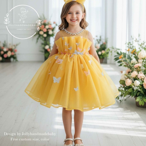 Yellow Butterfly Flower Girl Dress, Toddler Yellow Tulle Princess Dress, Baby Girl Birthday Party Dress, Handmade Special Occasion Dress