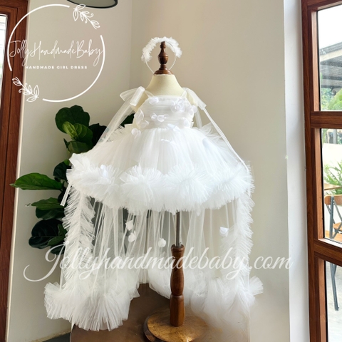 White Flower Girl Dress with baby girl headband | Boho Wedding Little Bridesmaid Dress | Baby Birthday Outfit | Toddler Tie Strap Dress