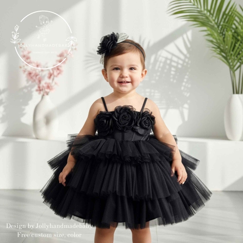 Black Flower Girl Dress, Baby Tutu Dress, Toddler Birthday Dress, 3D Rose Dress, Handmade Baby Girl Dress, Princess Tulle Dress