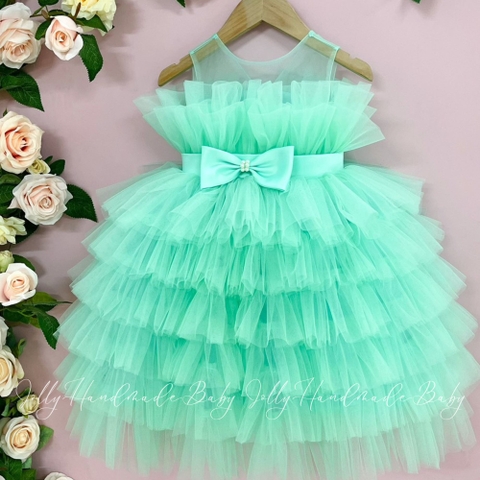 Tulle Off Shoulder Maxi Dress with 6 Layers in Turquoise | Tulle Dress with Bow Detail for Baby Girl
