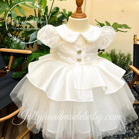 Lace Sleeve Taffeta Dress with Button Front & Bead Detail in White | Pleated Maxi Dress for Baby Girl