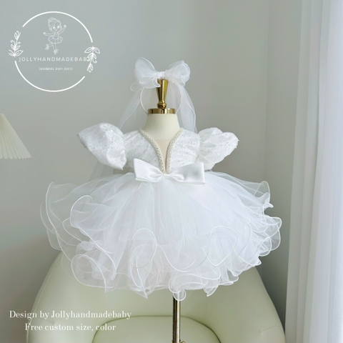 White Baby Girl Princess Dress – Luxury Sequin Tulle Flower Girl Dress with Puff Sleeves | Dusty Rose, Pink, Champagne & Custom Colors