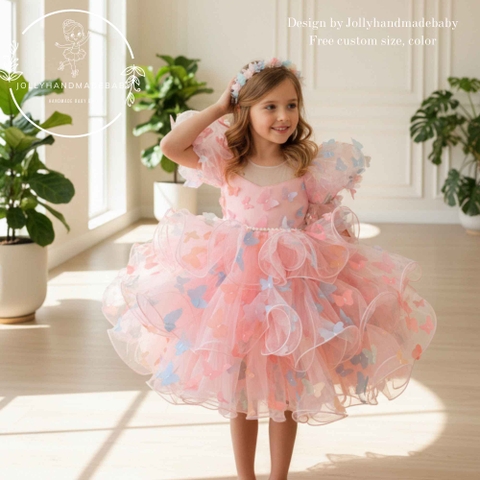 Butterfly Toddler Dress Pink Fairy Birthday Dress Baby Girl Princess Dress with Wings Handmade Tulle Outfit Cake Smash Custom Size