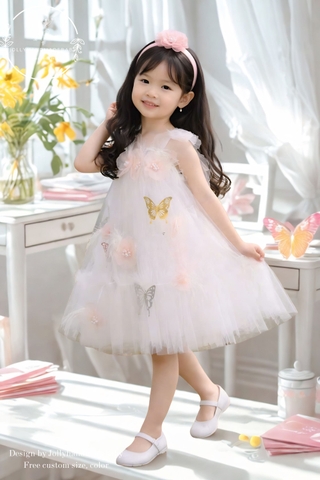 White Butterflies Baby Girl Dress, Flower Girl Dress, Toddler Birthday Dress, Organza Ruffle Dress with Big Bow, Coral Peach Party Dress